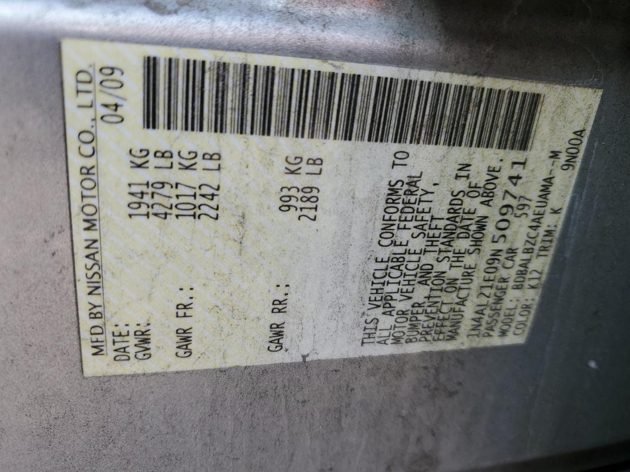 2009 Nissan Altima 2.5 VIN: 1N4AL21E09N509741 Lot: 95276225