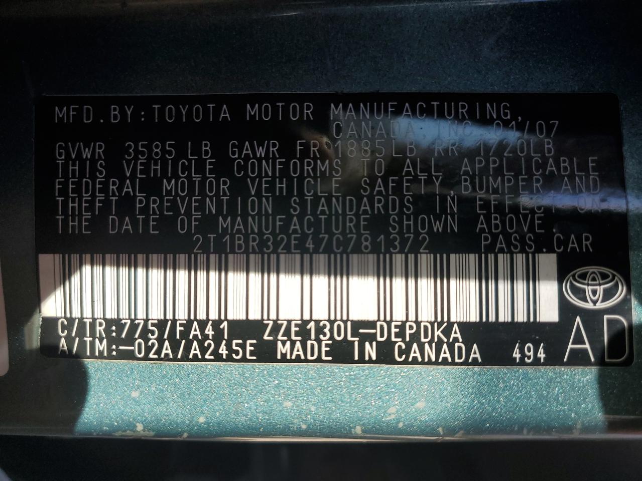 2007 Toyota Corolla Ce VIN: 2T1BR32E47C781372 Lot: 84816745