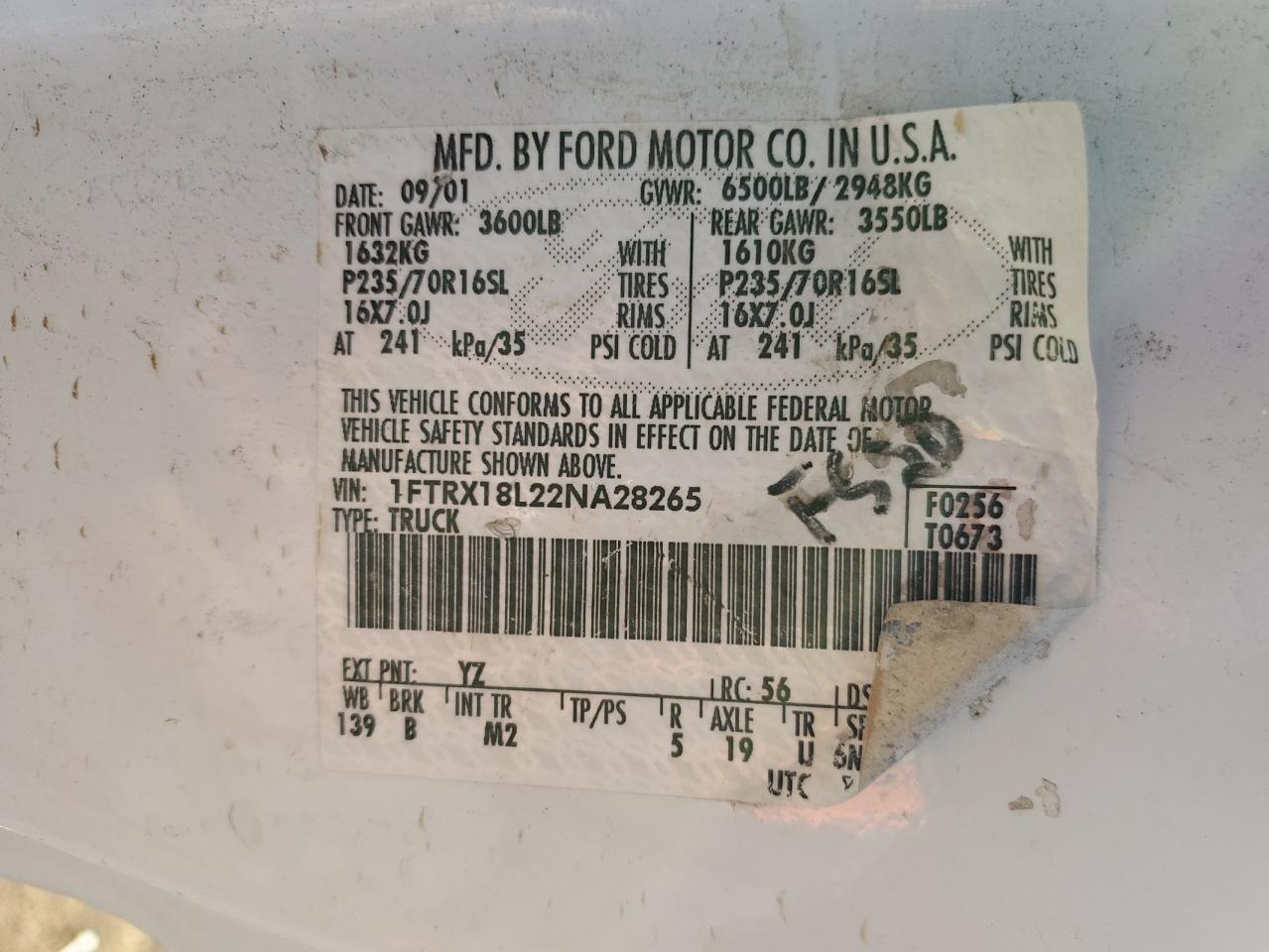 2002 Ford F150 VIN: 1FTRX18L22NA28265 Lot: 86856555
