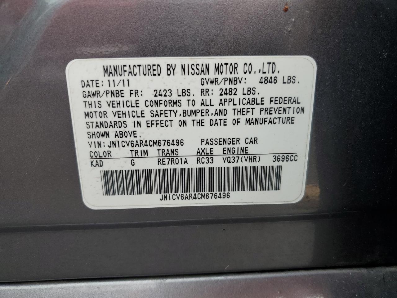 2012 Infiniti G37 VIN: JN1CV6AR4CM676496 Lot: 86546275