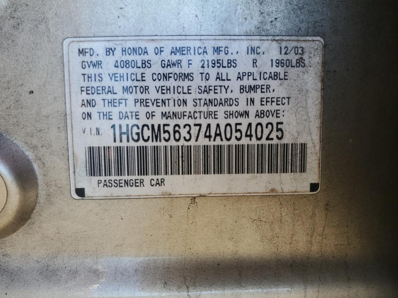 2004 Honda Accord Lx VIN: 1HGCM56374A054025 Lot: 86690775