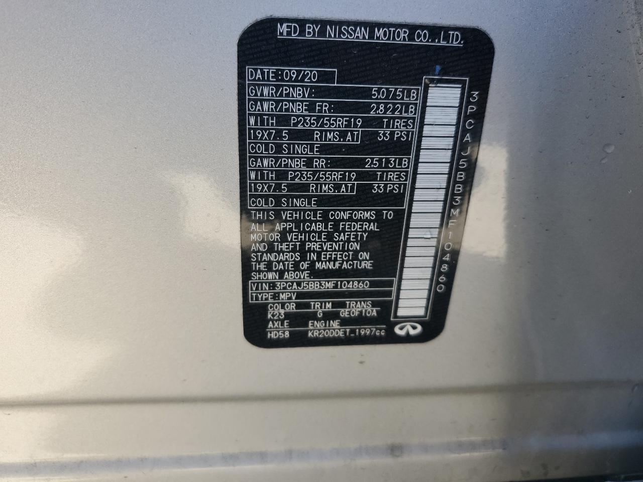 2021 Infiniti Qx50 Luxe VIN: 3PCAJ5BB3MF104860 Lot: 87083905