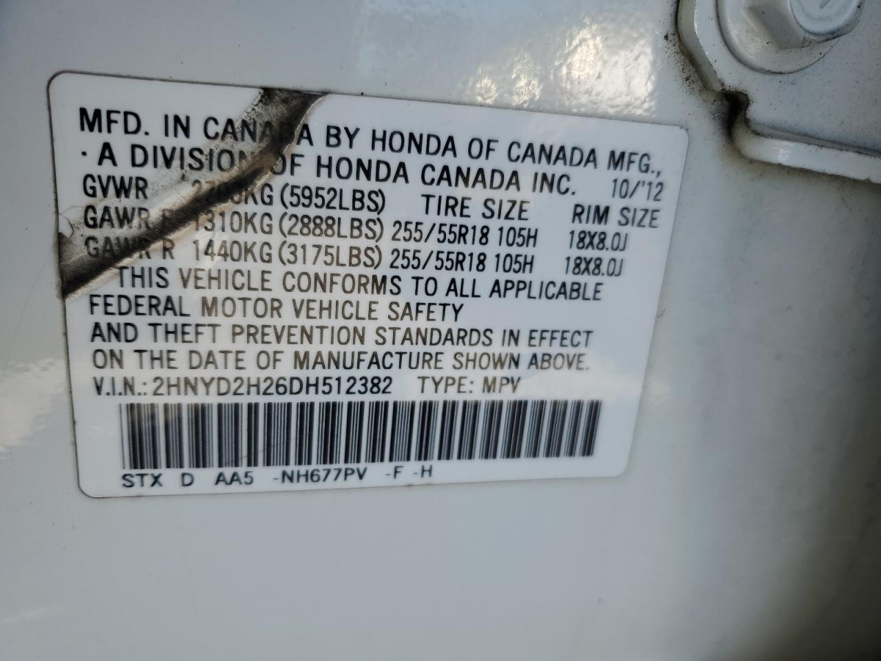 2013 Acura Mdx VIN: 2HNYD2H26DH512382 Lot: 85107435