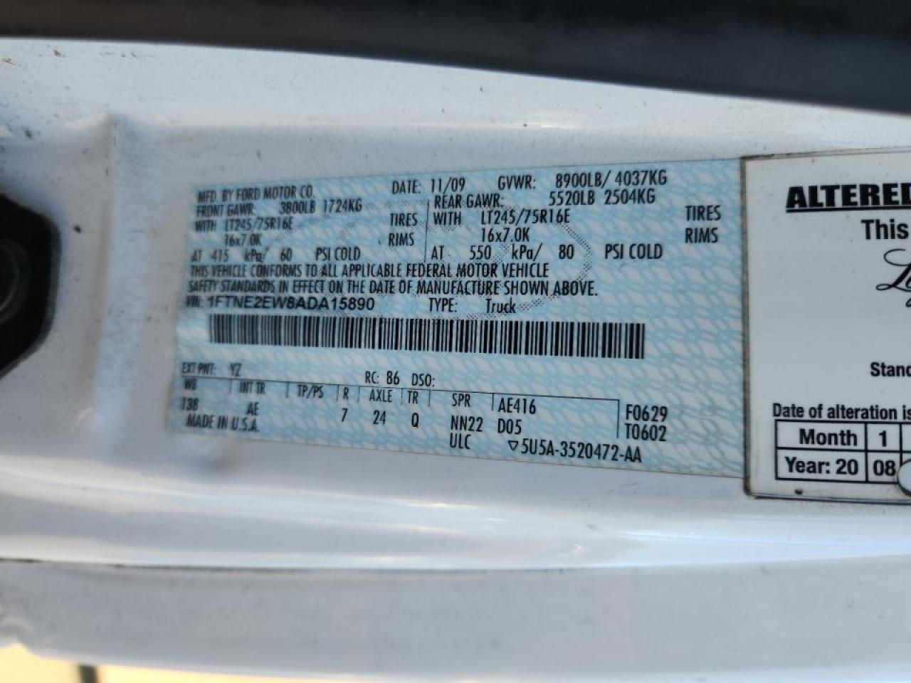 2010 Ford Econol 250 Delivery Van VIN: 1FTNE2EW8ADA15890 Lot: 82547555