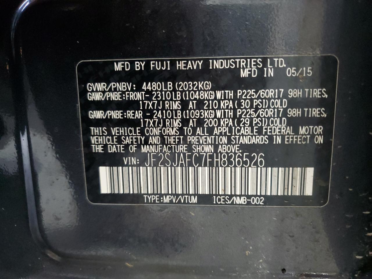 2015 Subaru Forester 2.5I Premium VIN: JF2SJAFC7FH836526 Lot: 85666295