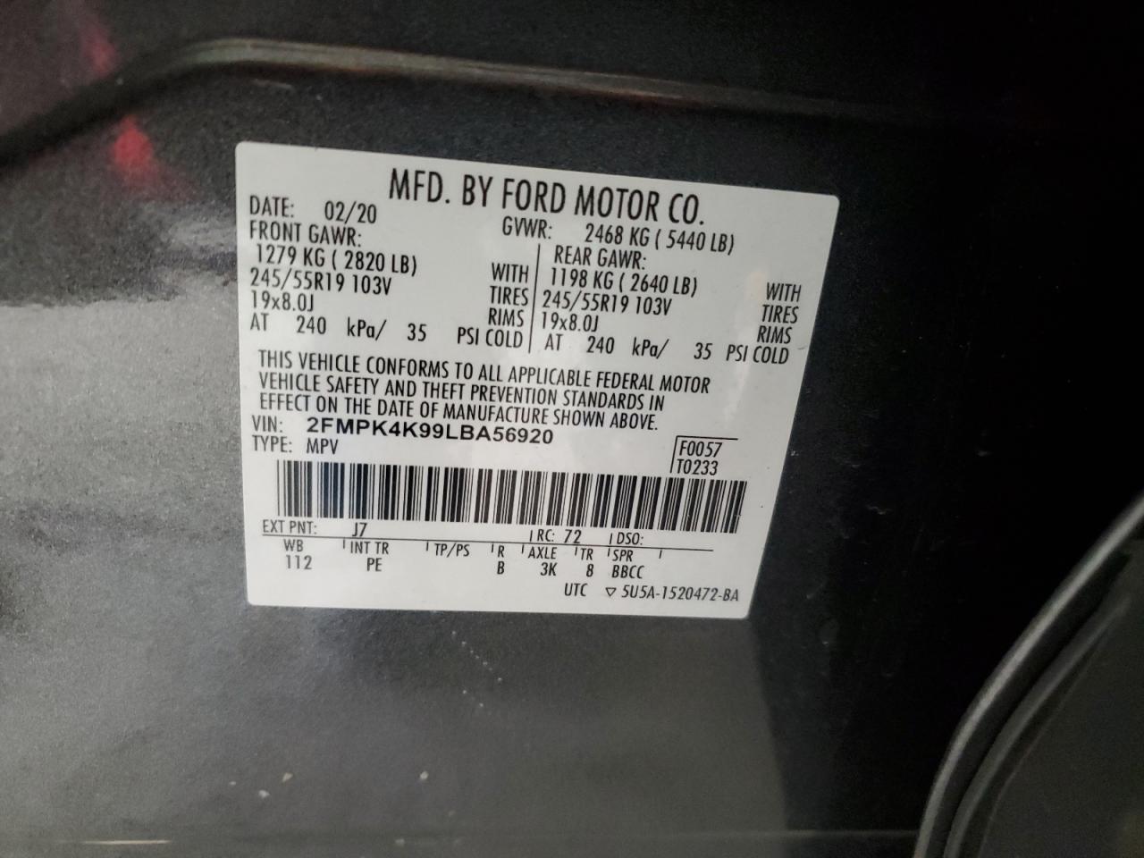 2020 Ford Edge Titanium VIN: 2FMPK4K99LBA56920 Lot: 90603975