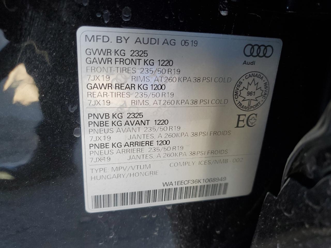 2019 Audi Q3 Premium Plus S-Line VIN: WA1EECF36K1068949 Lot: 90493295