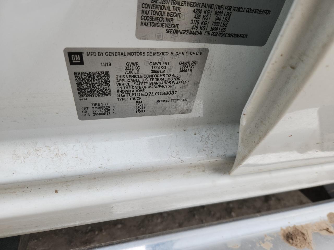 2020 GMC Sierra K1500 Slt VIN: 3GTU9DED7LG188087 Lot: 82247355