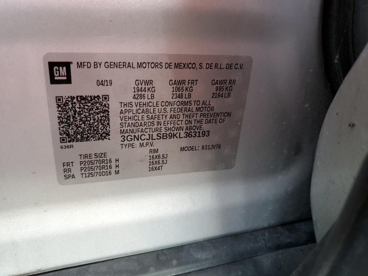 2019 Chevrolet Trax 1Lt VIN: 3GNCJLSB9KL363193 Lot: 90512315