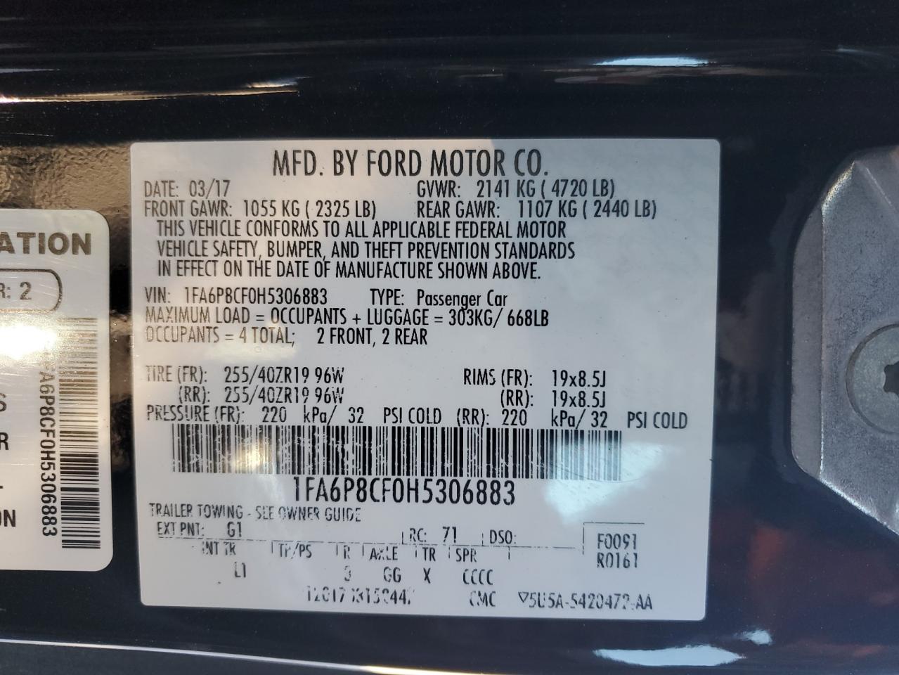 2017 Ford Mustang Gt VIN: 1FA6P8CF0H5306883 Lot: 89919575