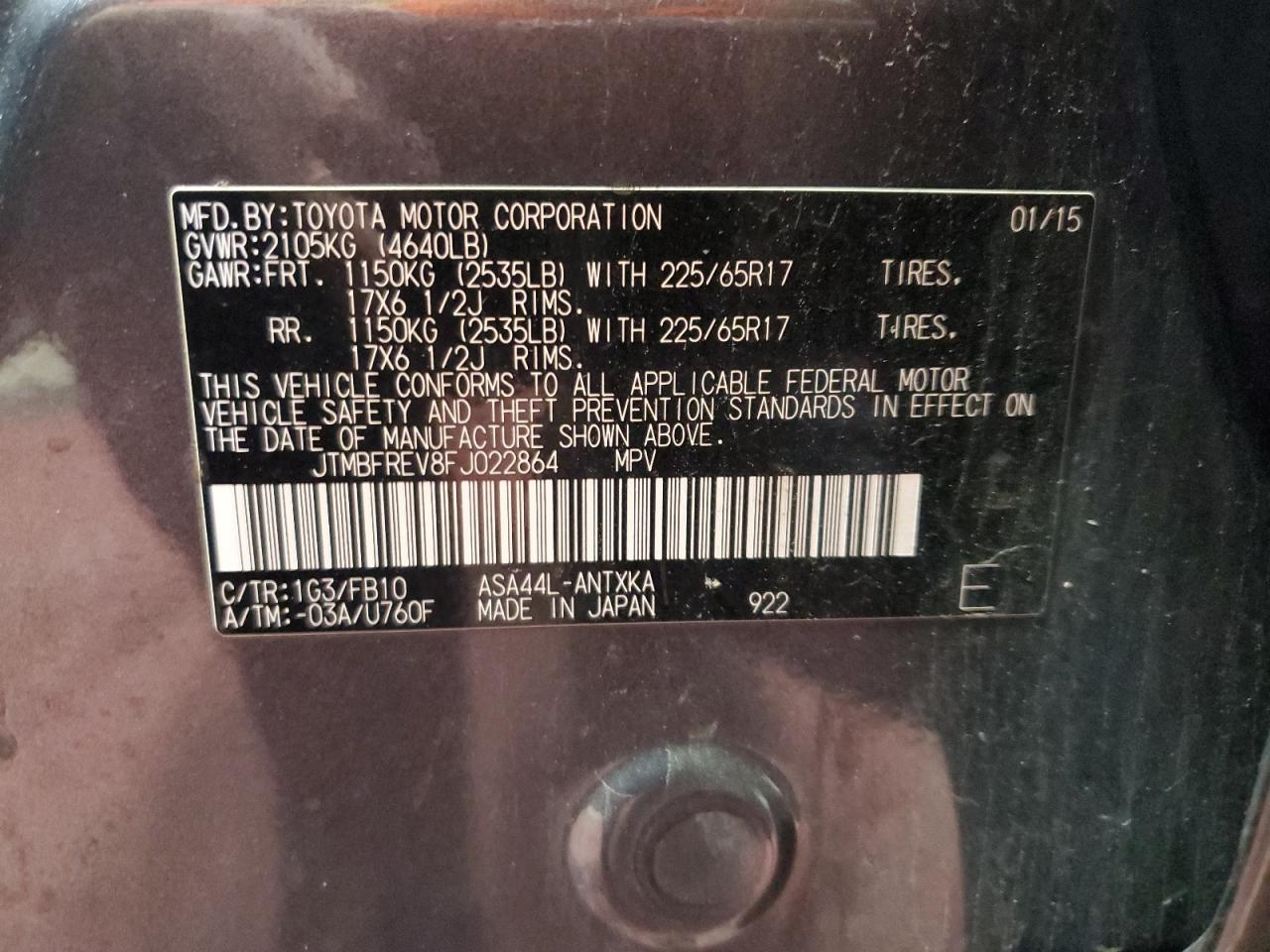 2015 Toyota Rav4 Le VIN: JTMBFREV8FJ022864 Lot: 86643765