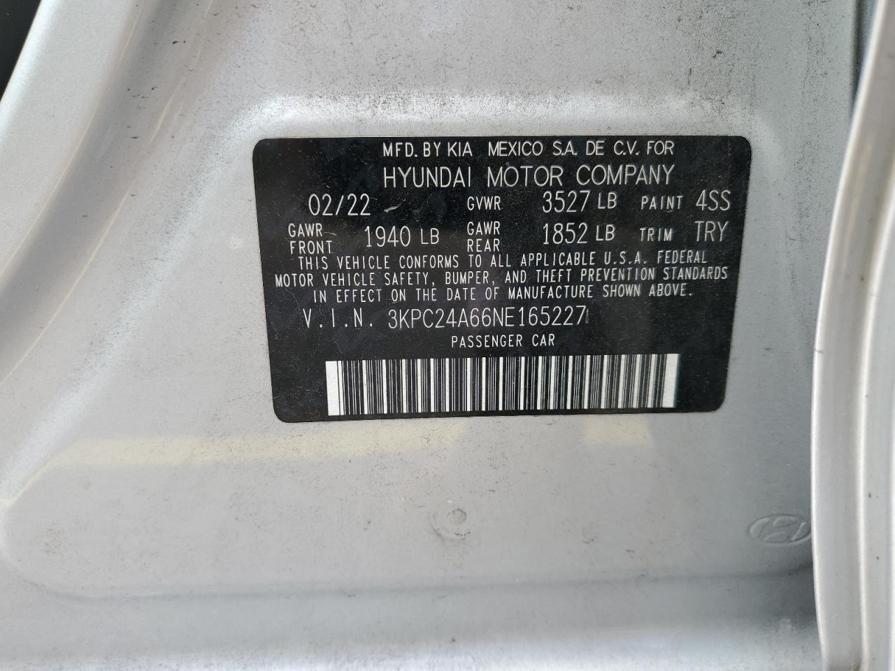 2022 Hyundai Accent Se VIN: 3KPC24A66NE165227 Lot: 85707995