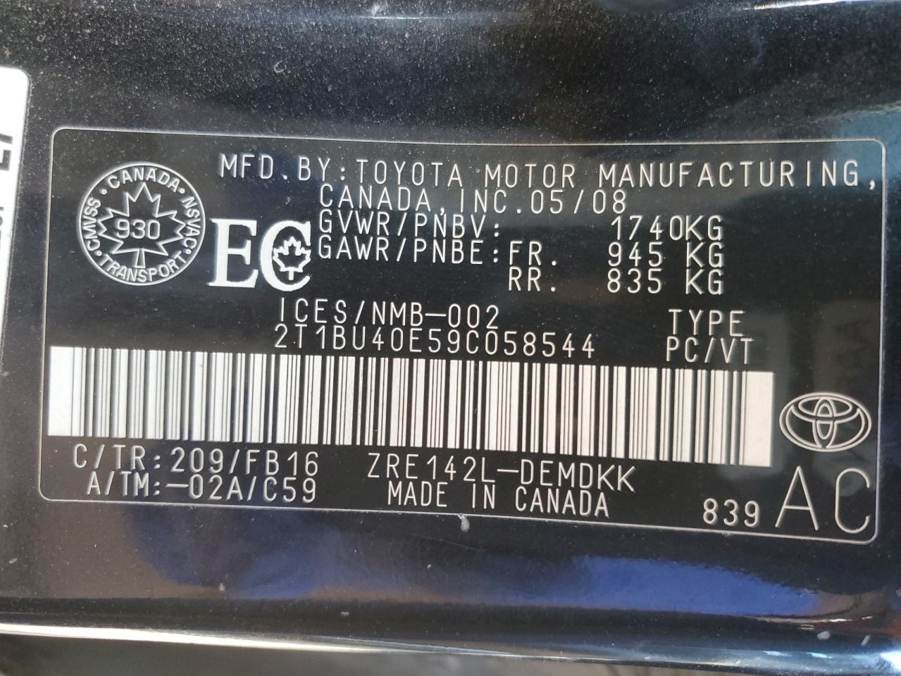 2009 Toyota Corolla Base VIN: 2T1BU40E59C058544 Lot: 86074935