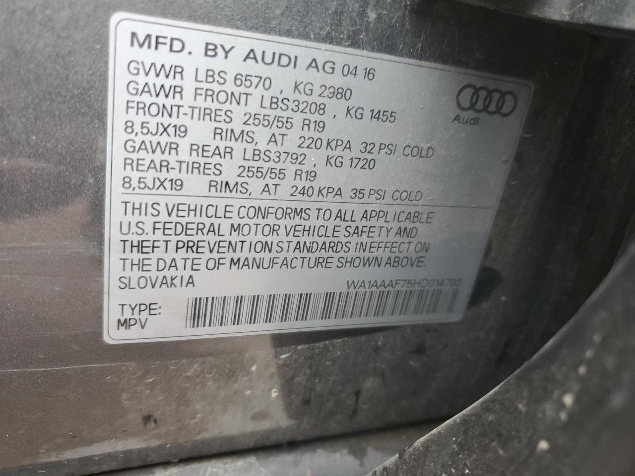 2017 Audi Q7 Premium VIN: WA1AAAF75HD014793 Lot: 90117155