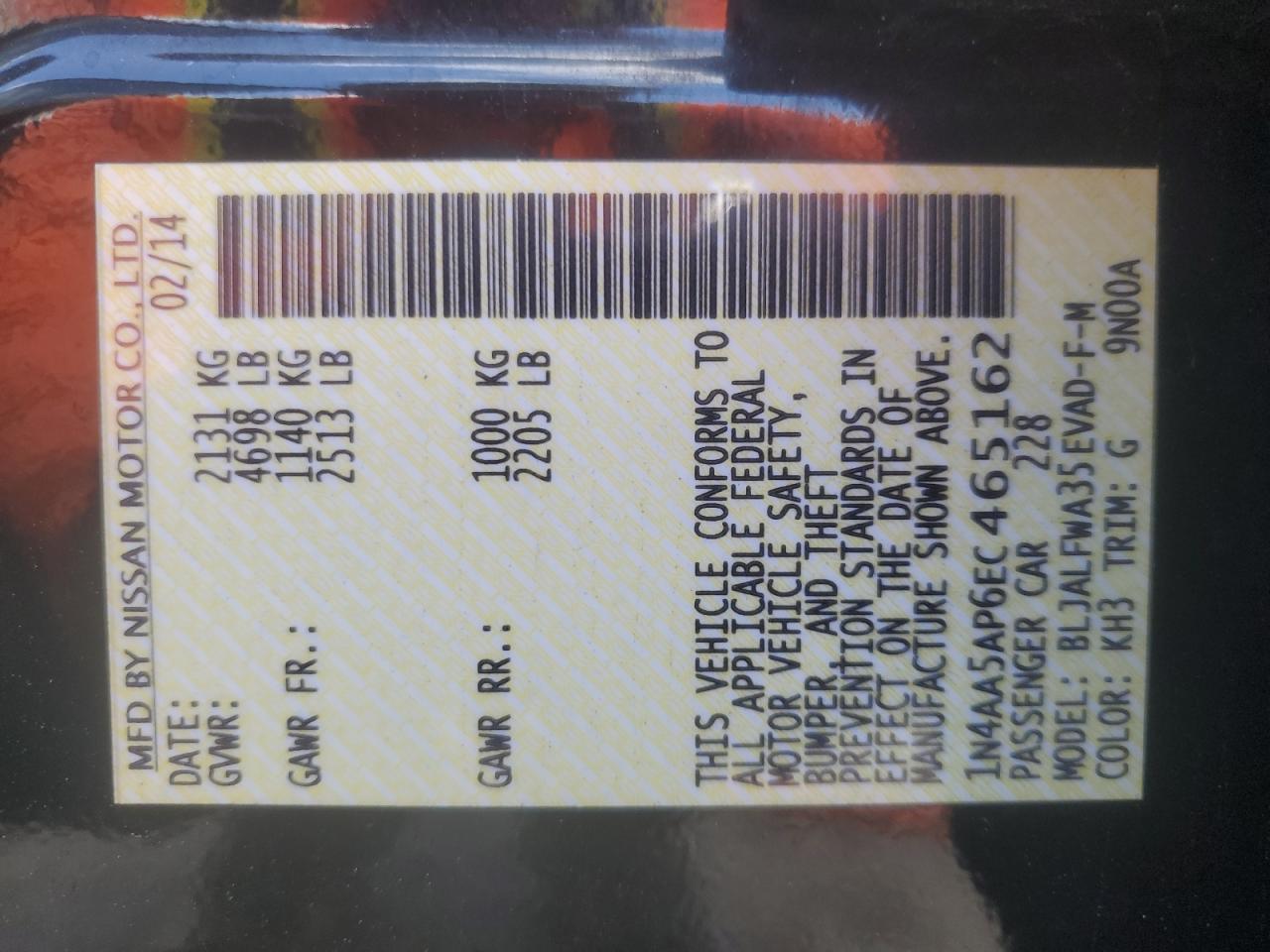 2014 Nissan Maxima S VIN: 1N4AA5AP6EC465162 Lot: 85316405