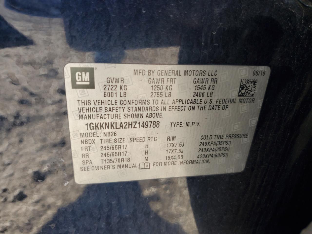 2017 GMC Acadia Sle VIN: 1GKKNKLA2HZ149788 Lot: 85687935