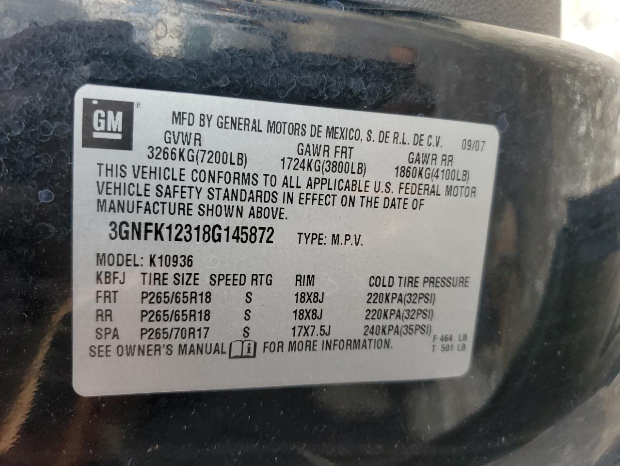 2008 Chevrolet Avalanche K1500 VIN: 3GNFK12318G145872 Lot: 87024085