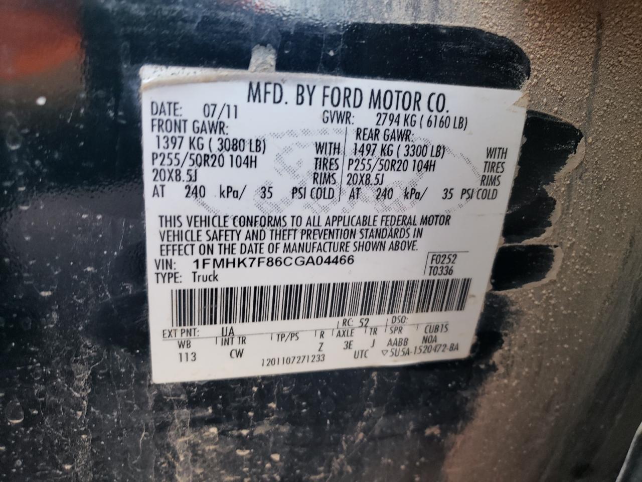 2012 Ford Explorer Limited VIN: 1FMHK7F86CGA04466 Lot: 85166815