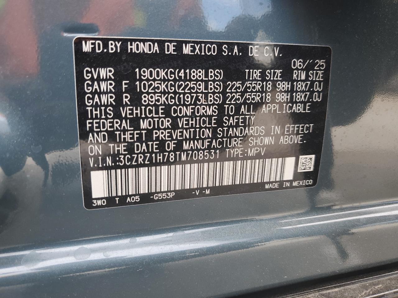 2026 Honda Hr-V Exl VIN: 3CZRZ1H78TM708531 Lot: 86082675