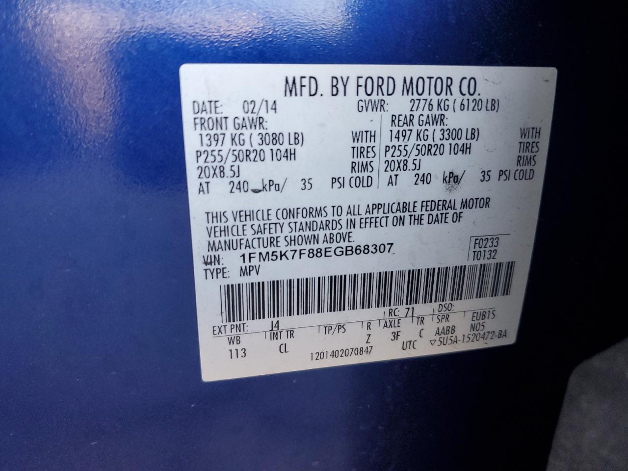 2014 Ford Explorer Limited VIN: 1FM5K7F88EGB68307 Lot: 82197765