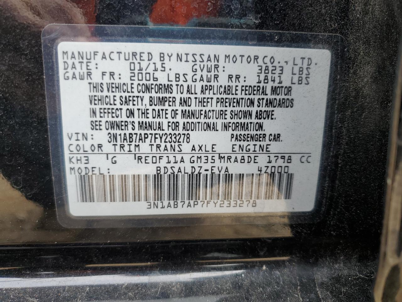 2015 Nissan Sentra S VIN: 3N1AB7AP7FY233278 Lot: 82299565