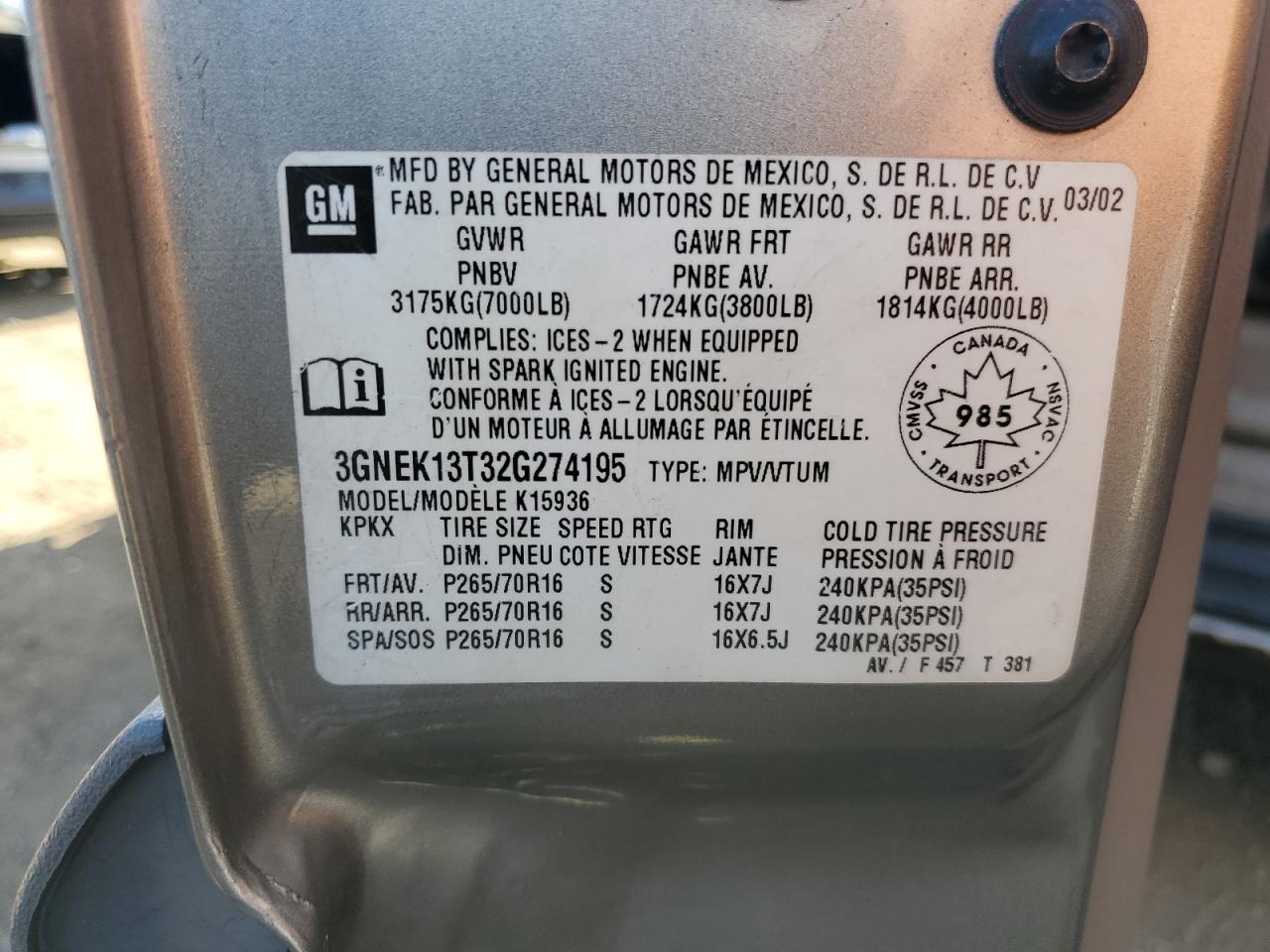 2002 Chevrolet Avalanche K1500 VIN: 3GNEK13T32G274195 Lot: 90716455