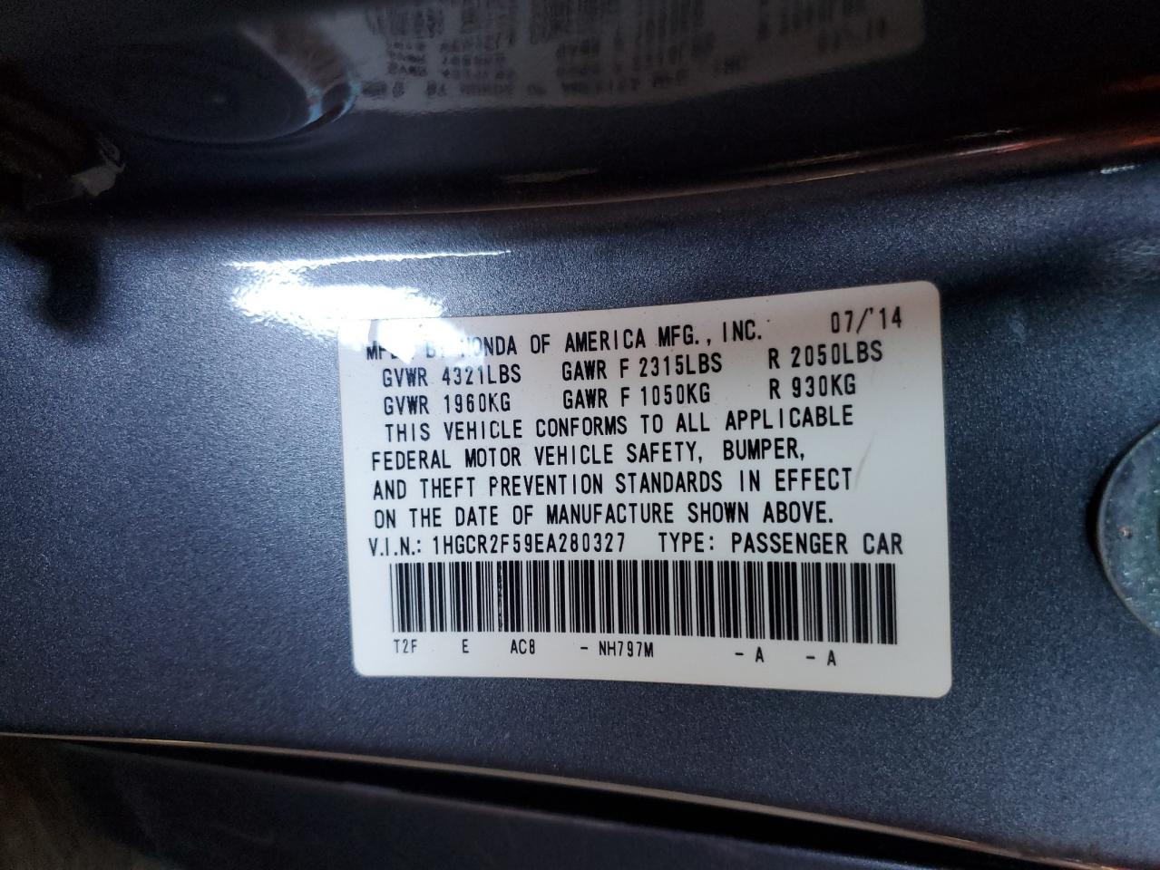 2014 Honda Accord Sport VIN: 1HGCR2F59EA280327 Lot: 84608215