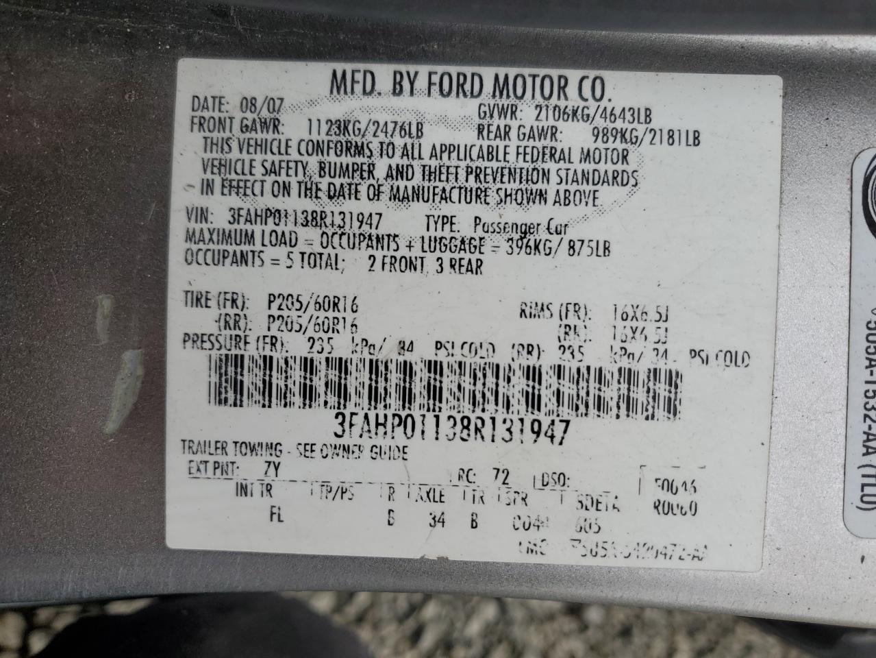 2008 Ford Fusion Se VIN: 3FAHP01138R131947 Lot: 89513245