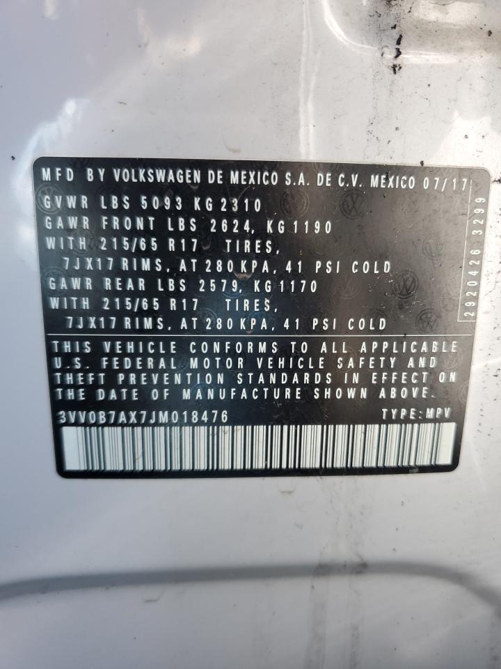 2018 Volkswagen Tiguan S VIN: 3VV0B7AX7JM018476 Lot: 86702465