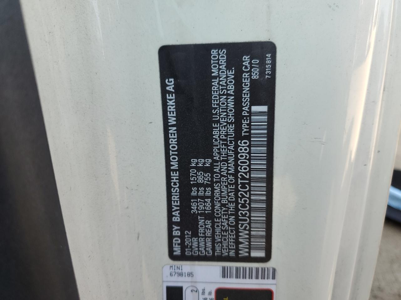 2012 Mini Cooper VIN: WMWSU3C52CT260986 Lot: 81976875