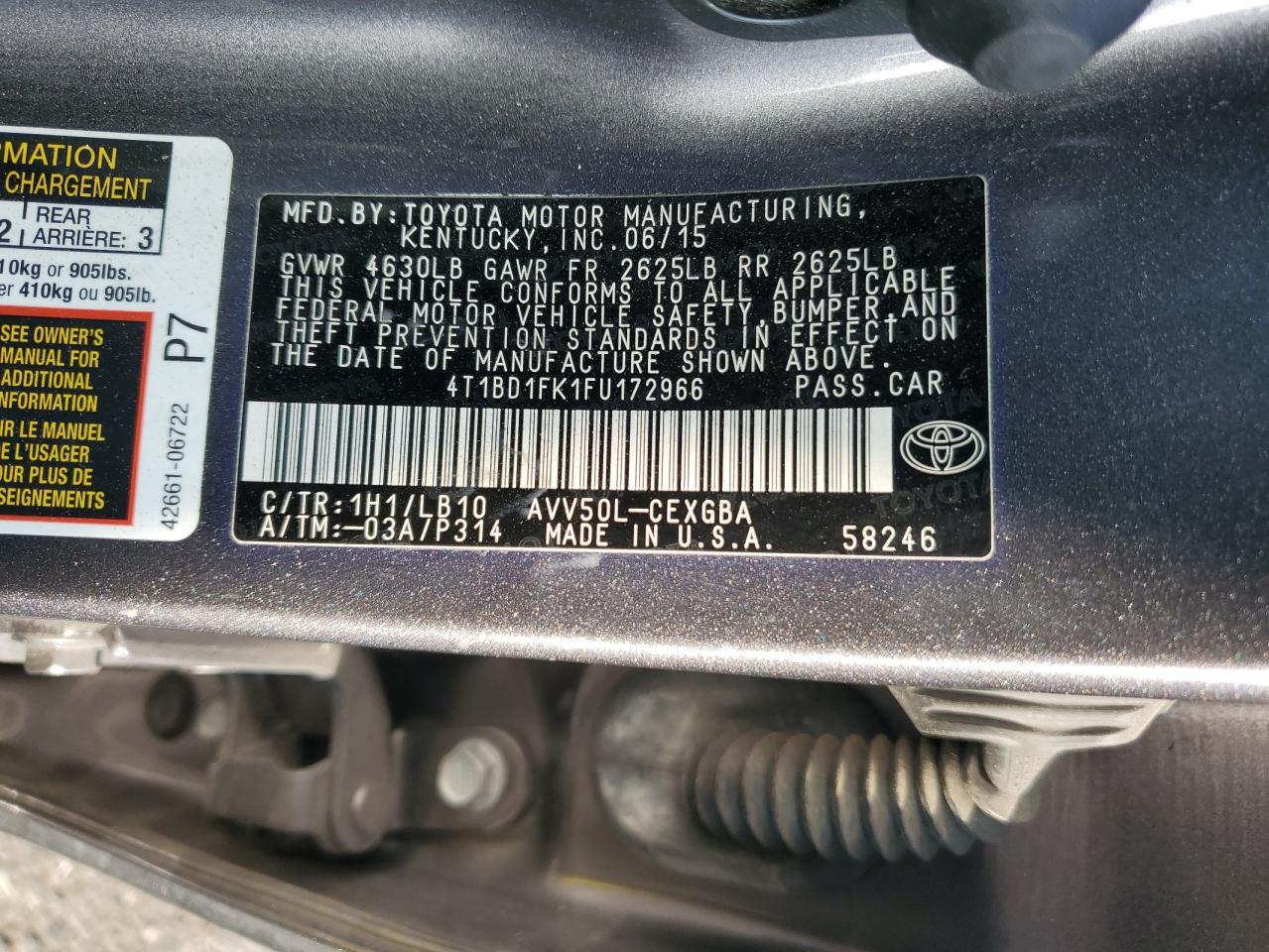 2015 Toyota Camry Hybrid VIN: 4T1BD1FK1FU172966 Lot: 84071465