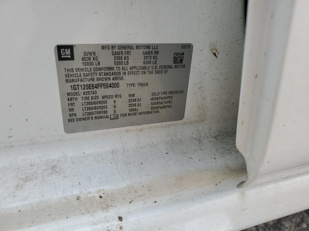 2015 GMC Sierra K2500 Denali VIN: 1GT120E84FF594000 Lot: 85538845