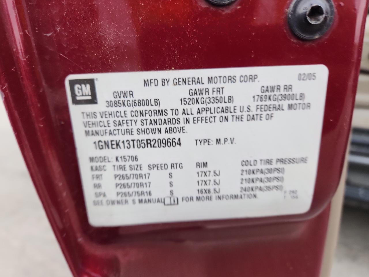 2005 Chevrolet Tahoe K1500 VIN: 1GNEK13T05R209664 Lot: 85753975