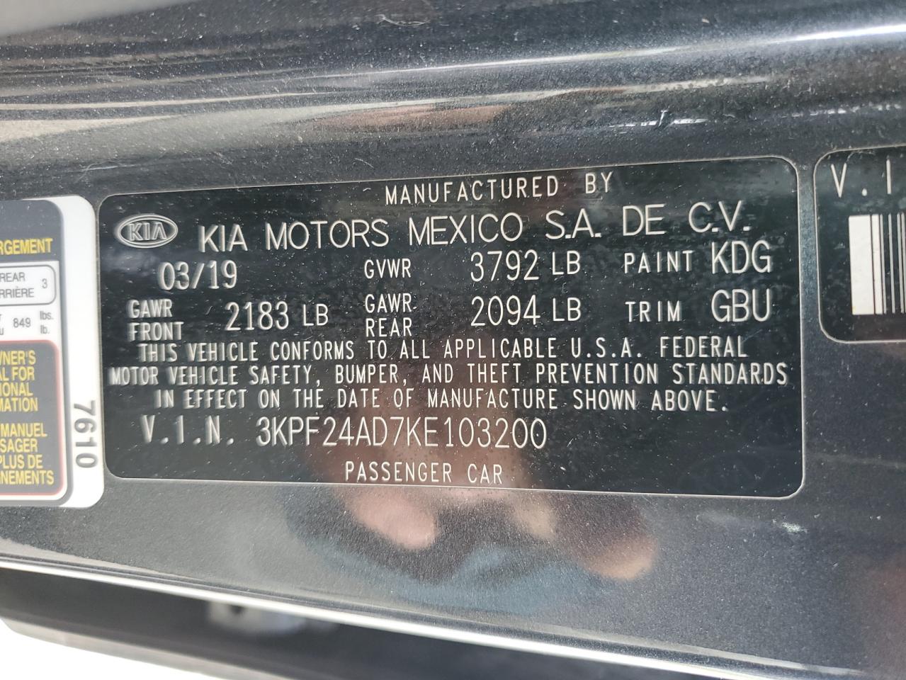 2019 Kia Forte Fe VIN: 3KPF24AD7KE103200 Lot: 90282565