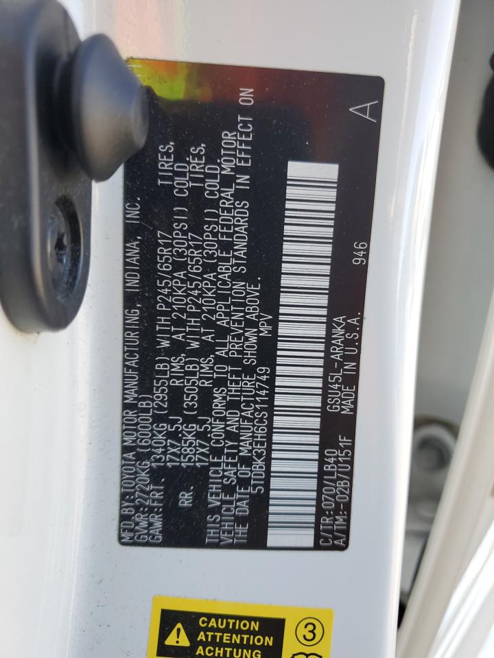 2012 Toyota Highlander Base VIN: 5TDBK3EH6CS114749 Lot: 82207185