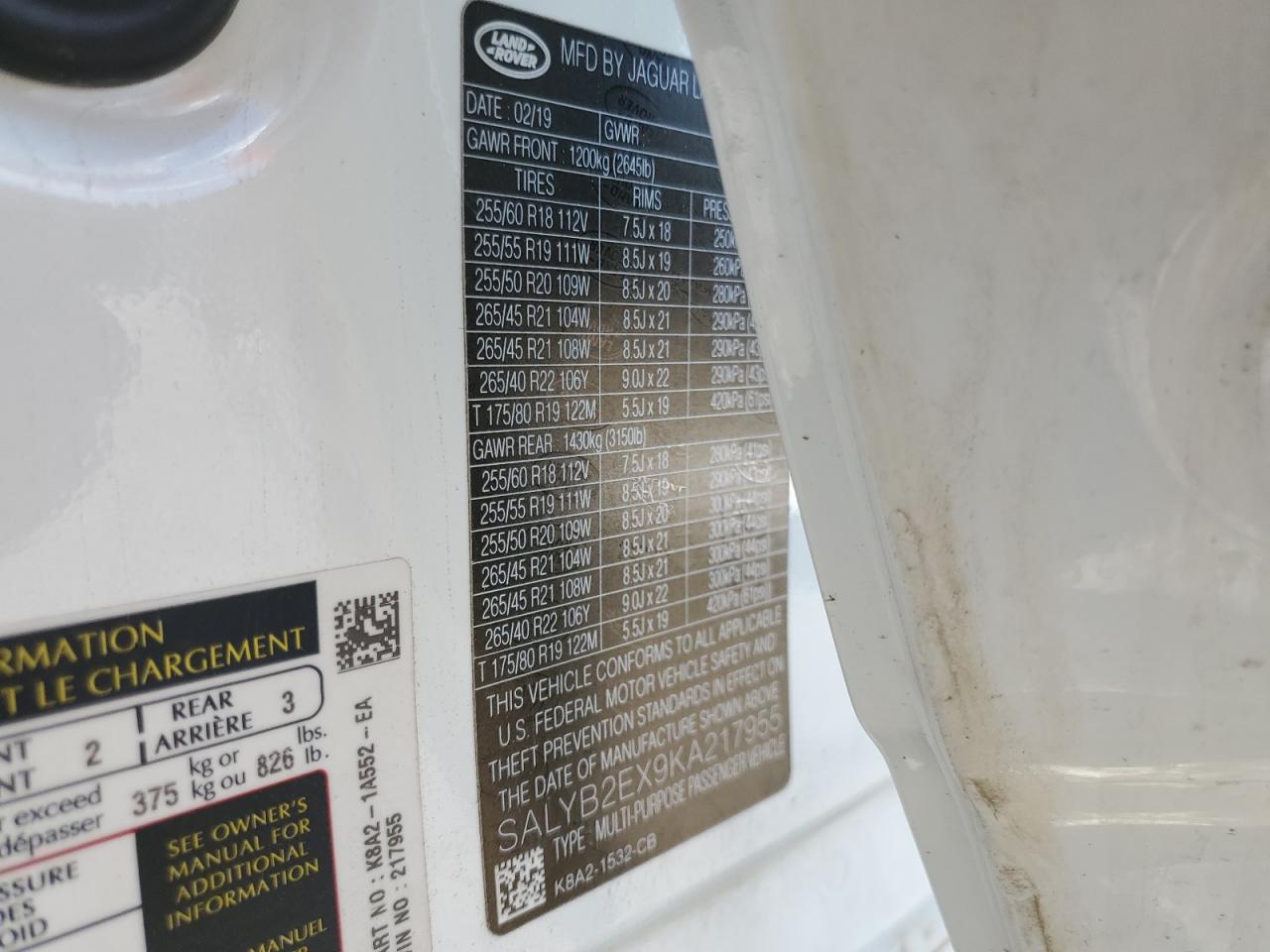 2019 Land Rover Range Rover Velar S VIN: SALYB2EX9KA217955 Lot: 84579035