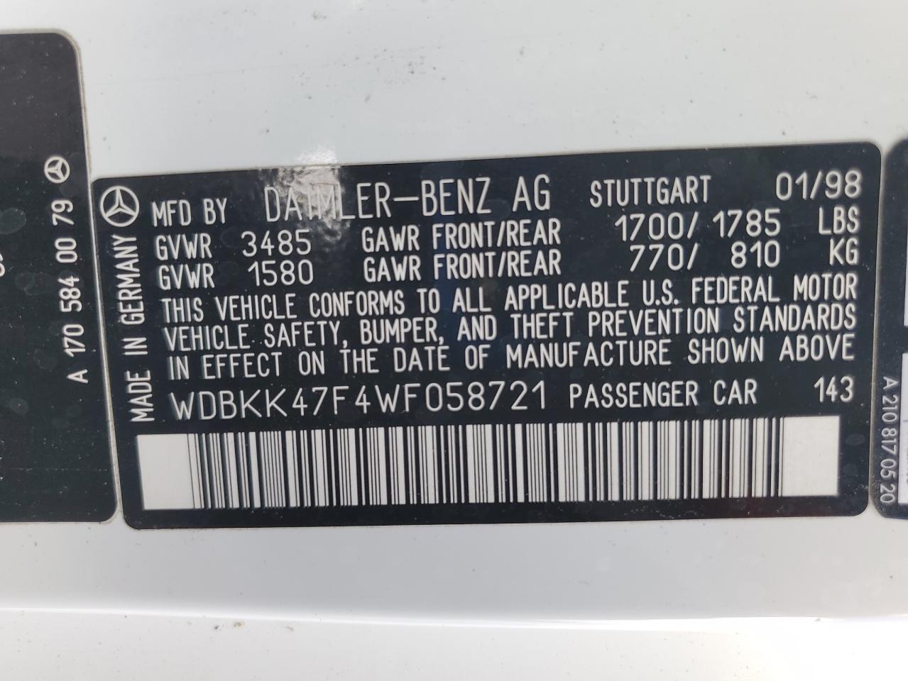 1998 Mercedes-Benz Slk 230 Kompressor VIN: WDBKK47F4WF058721 Lot: 84074125