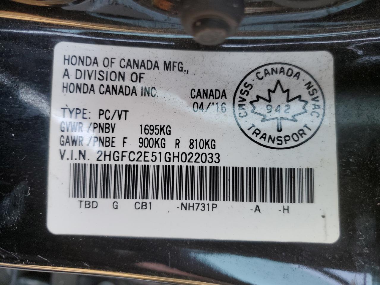 2016 Honda Civic Lx VIN: 2HGFC2E51GH022033 Lot: 85851895