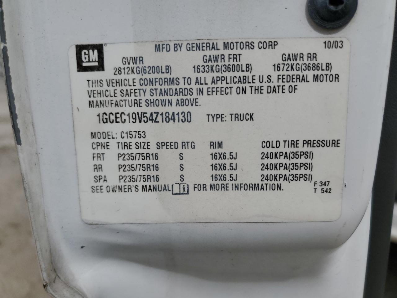 2004 Chevrolet Silverado C1500 VIN: 1GCEC19V54Z184130 Lot: 84810765