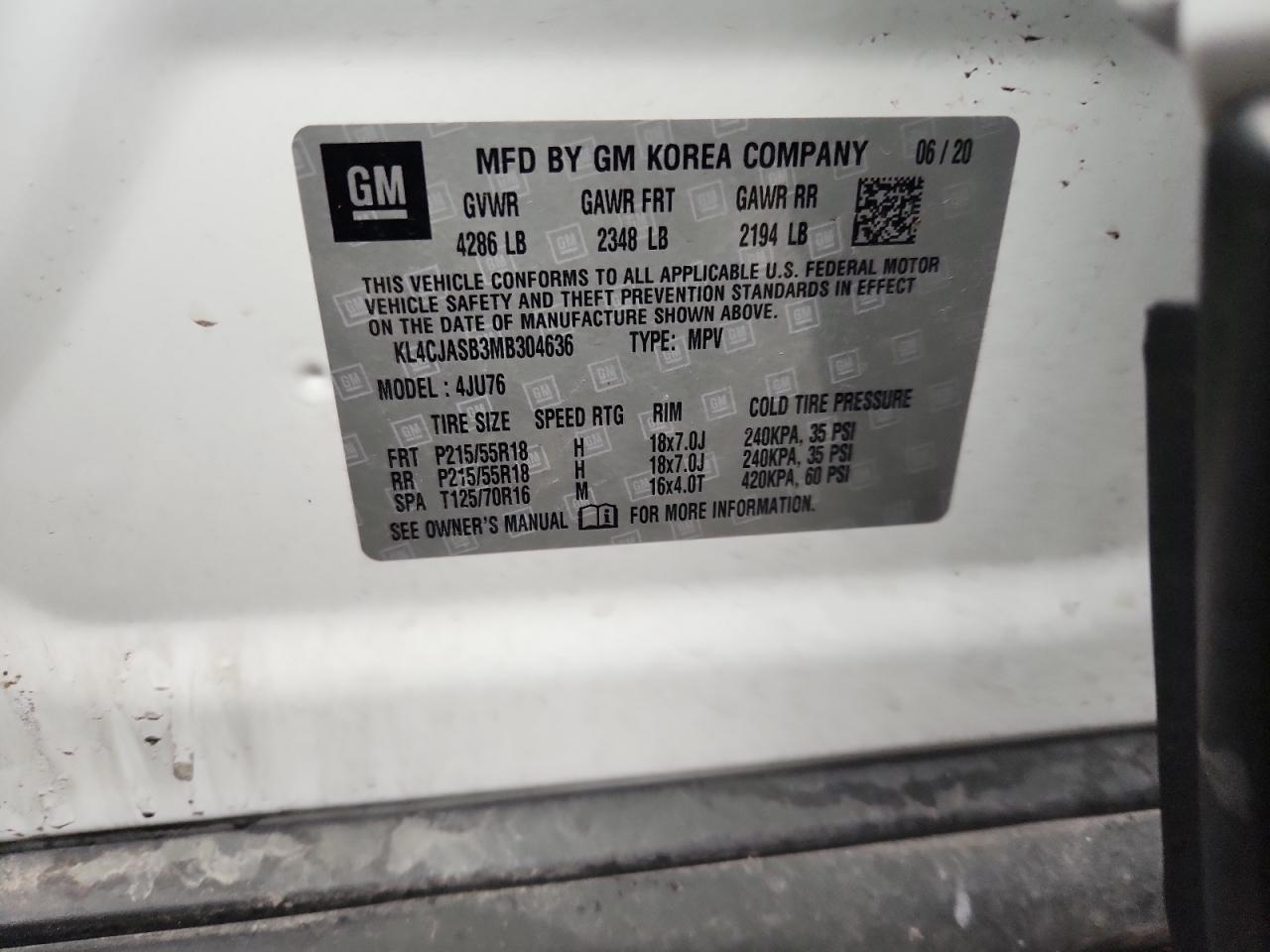 2021 Buick Encore Preferred VIN: KL4CJASB3MB304636 Lot: 85766675