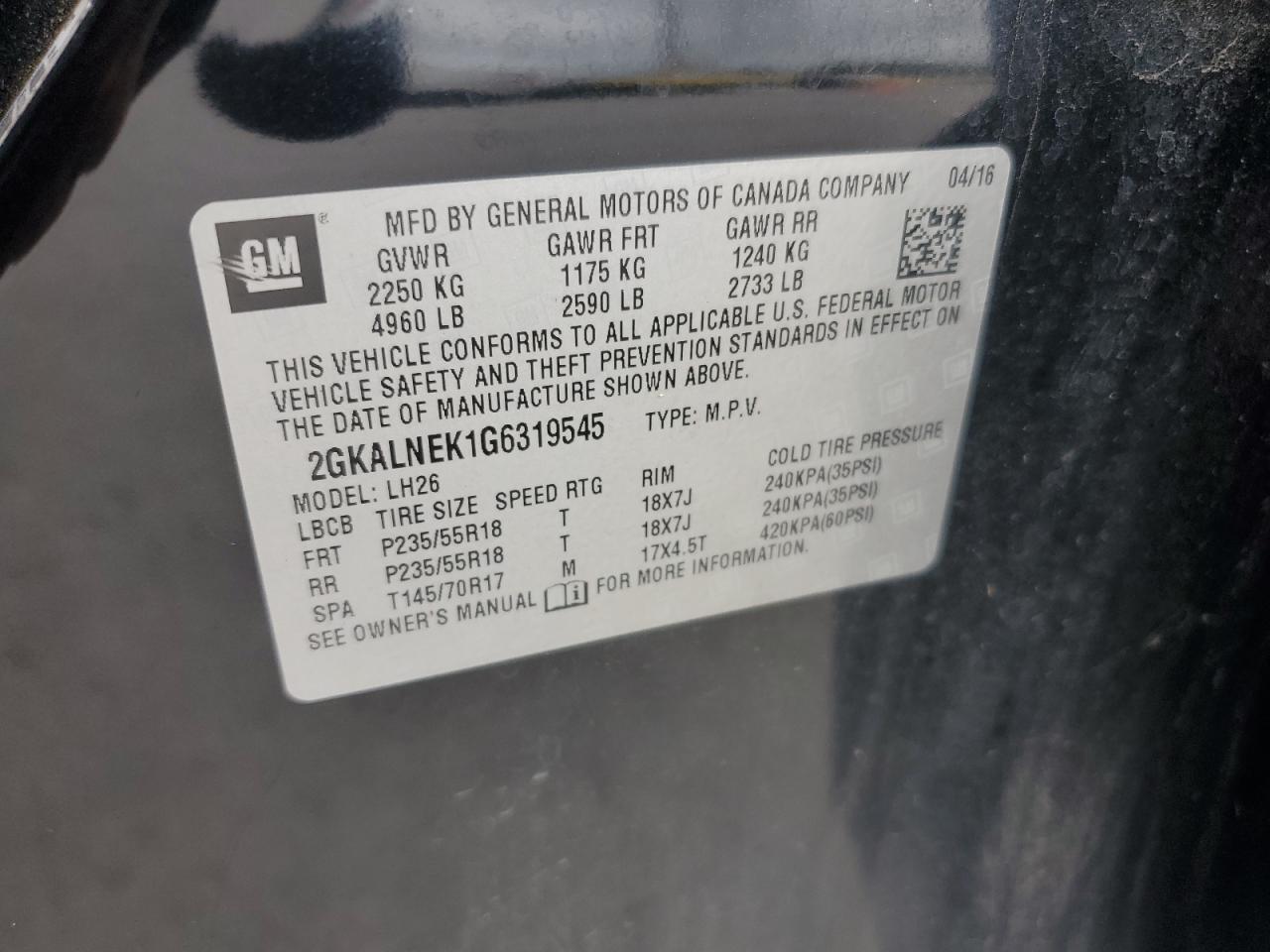 2016 GMC Terrain Sle VIN: 2GKALNEK1G6319545 Lot: 84730955