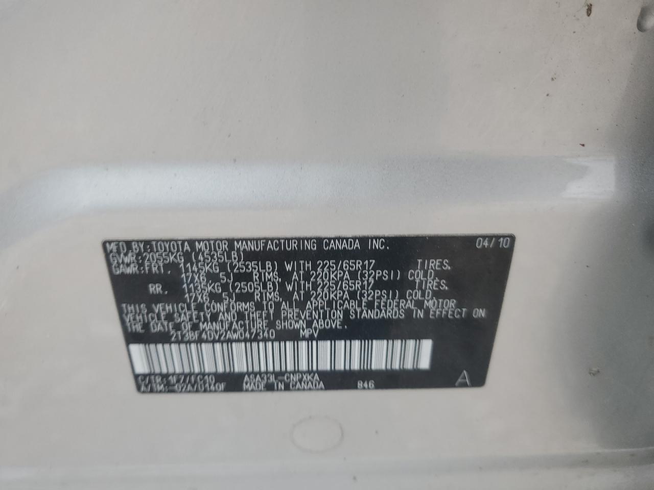 2010 Toyota Rav4 VIN: 2T3BF4DV2AW047340 Lot: 86623305