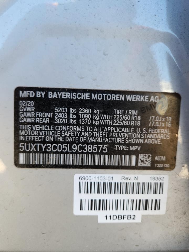 2020 BMW X3 Sdrive30I VIN: 5UXTY3C05L9C38575 Lot: 87201255