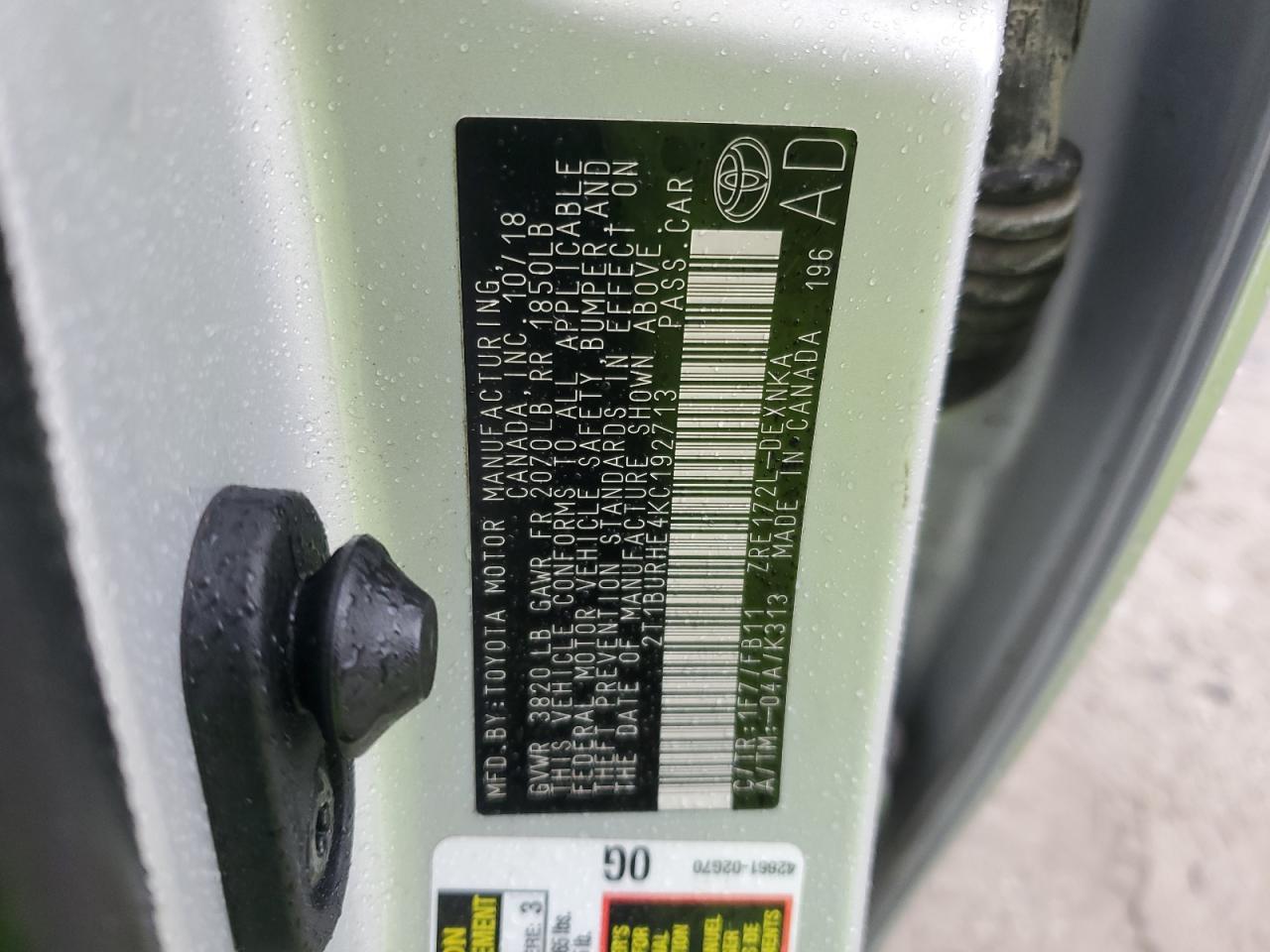 2019 Toyota Corolla L VIN: 2T1BURHE4KC192713 Lot: 86253305