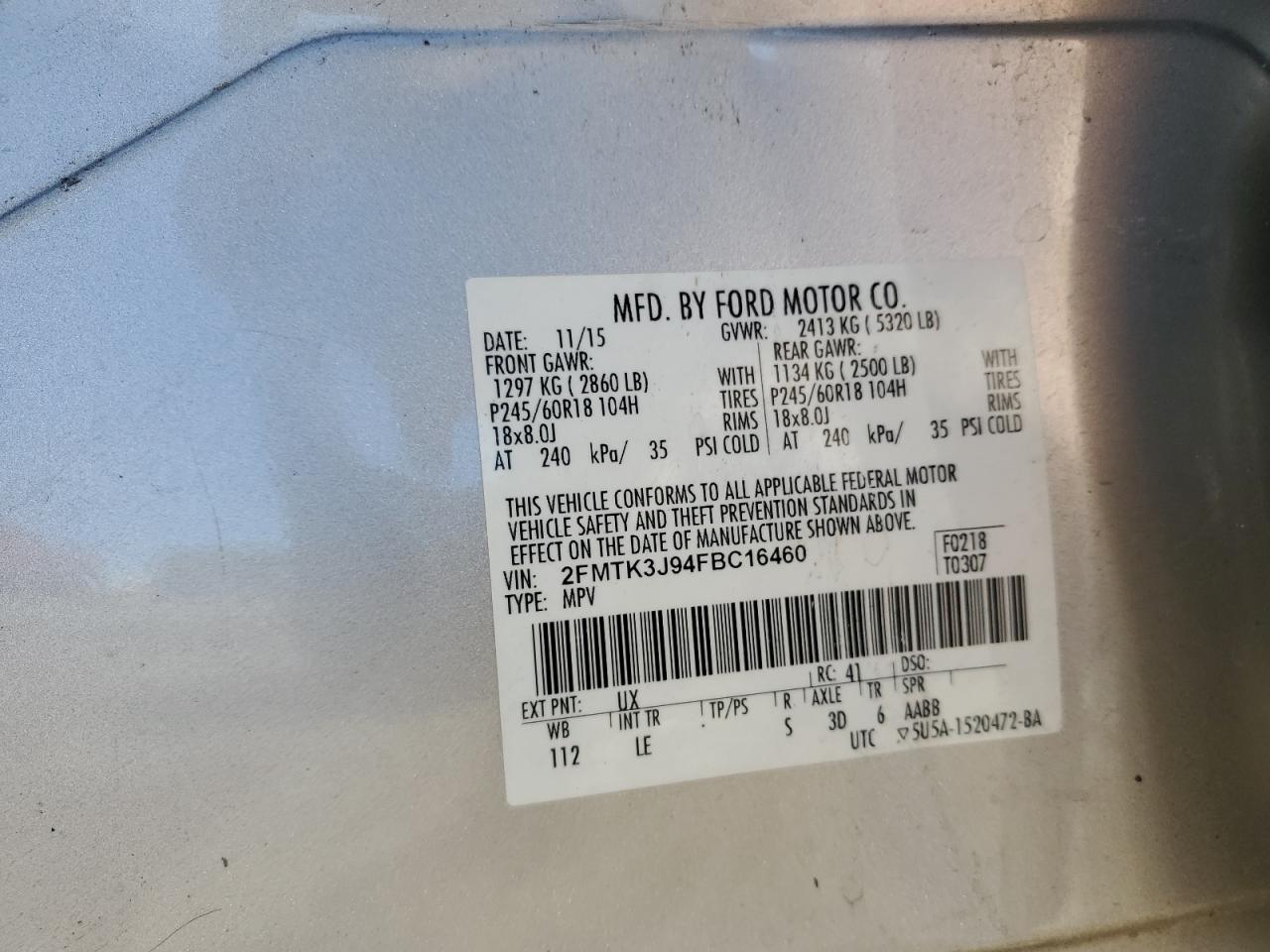 2015 Ford Edge Sel VIN: 2FMTK3J94FBC16460 Lot: 86716245