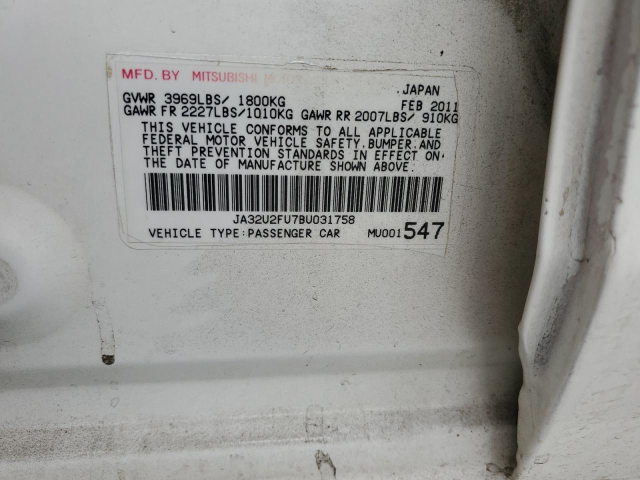 2011 Mitsubishi Lancer Es/Es Sport VIN: JA32U2FU7BU031758 Lot: 86113065