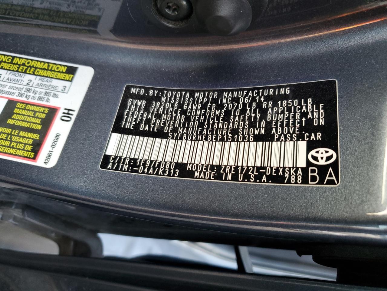 2014 Toyota Corolla L VIN: 5YFBURHE8EP151036 Lot: 81974535