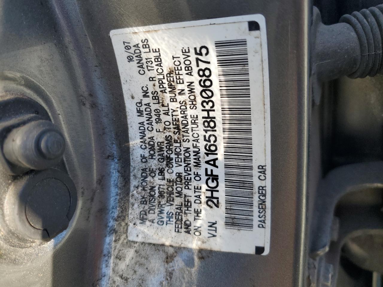 2008 Honda Civic Lx VIN: 2HGFA16518H306875 Lot: 86671575