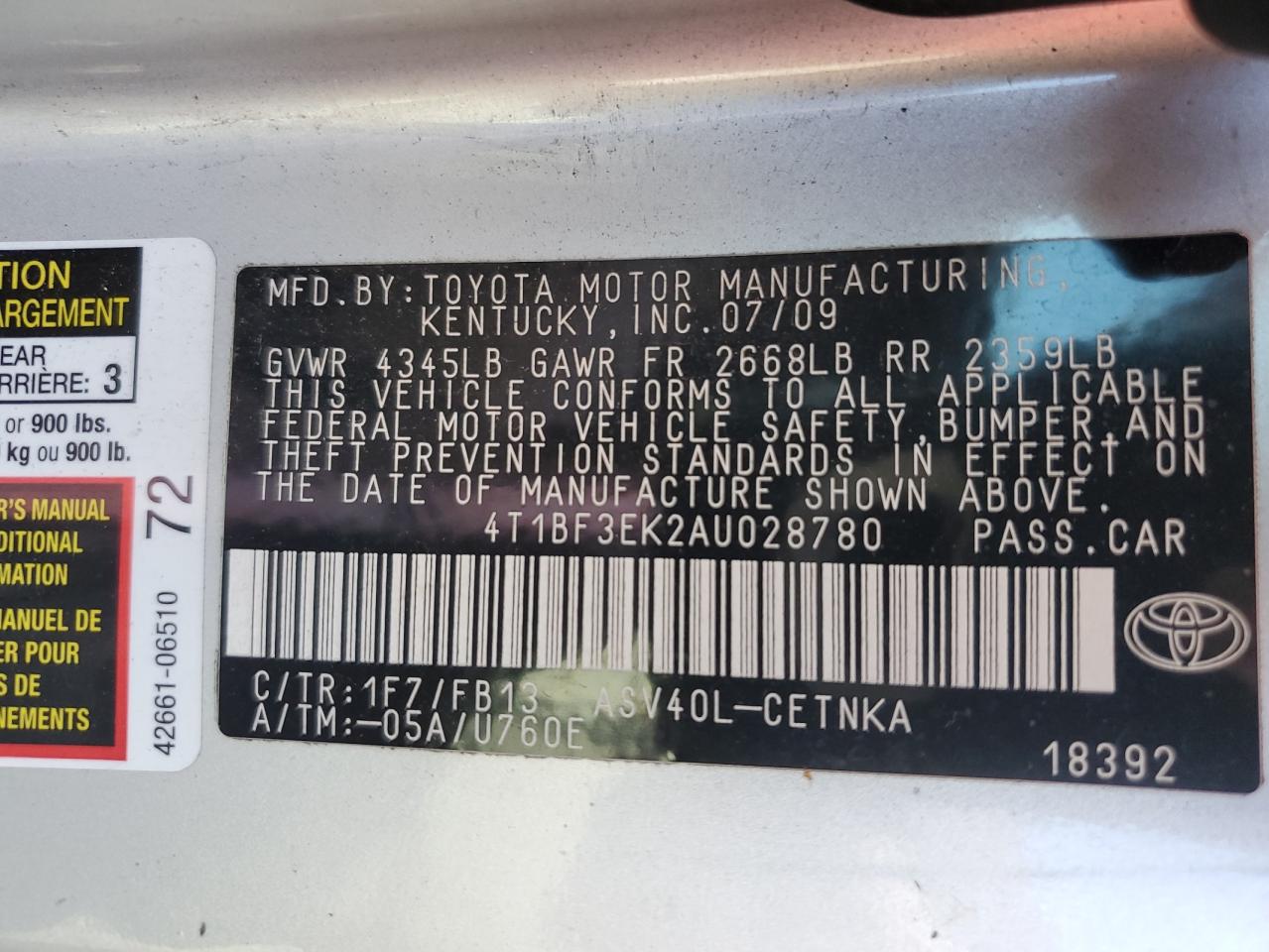 2010 Toyota Camry Base VIN: 4T1BF3EK2AU028780 Lot: 82695265