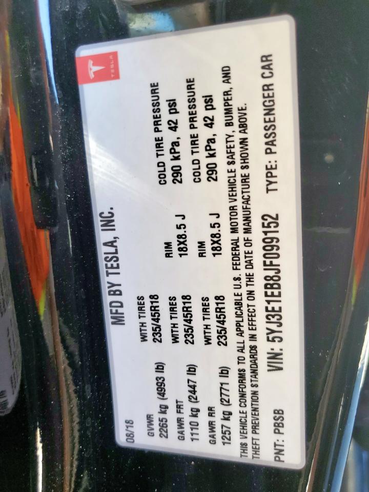 2018 Tesla Model 3 VIN: 5YJ3E1EB8JF099152 Lot: 82232185